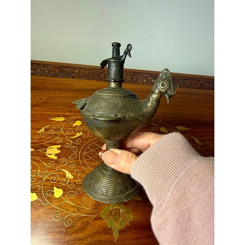 Antique‎ Indian Peacock Oil Lamp, Hand Cast Dhokra Brass Vessel